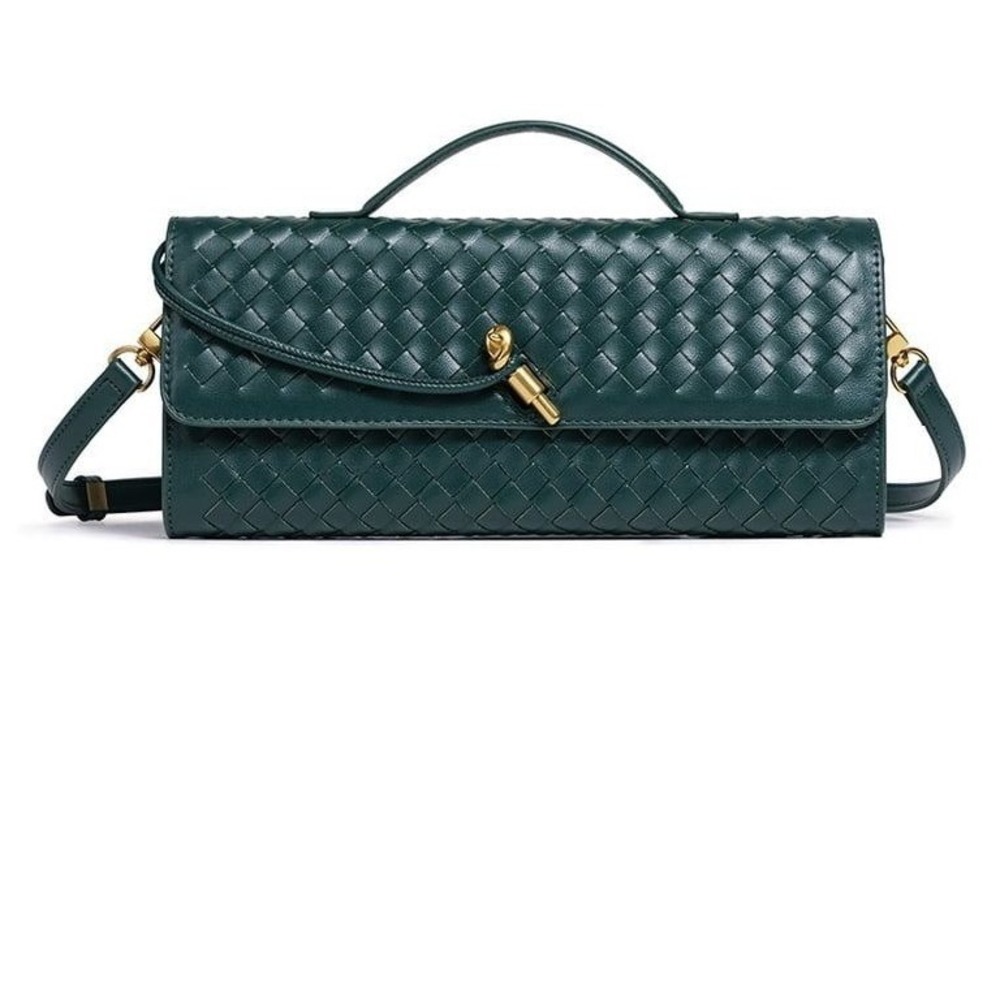 Woven Forest Green Vegan Leather Crossbody Clutch Bag with Knot Lock New